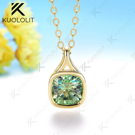 Kuololit 2CT Cyan Moissanite Lab Grown Alexandrite Cushion Cut Necklace for Women Solid 925 10k 14k Yellow Gold Necklace for Engagement Christmas Gift