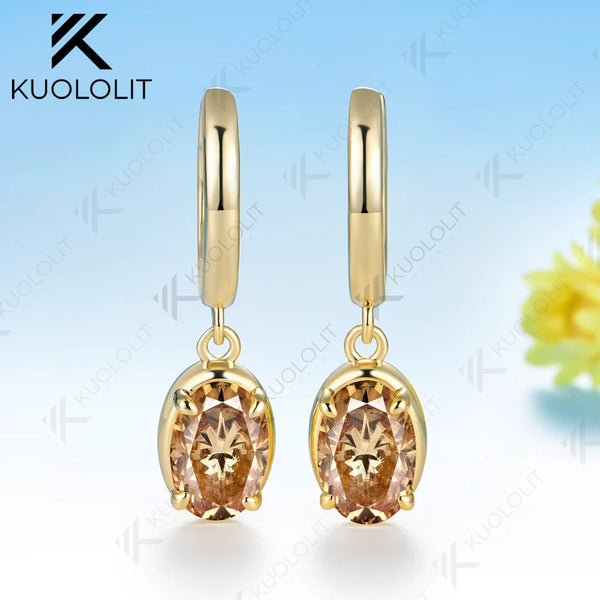 Kuololit 3.6CTW Champagne Moissanite Clip Earring for Women Solid 14K 10K Yellow Gold Oval Cut Earring for Christmas Gifts Party