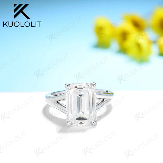 Kuololit 4CT Moissanite Ring for Women Solid 14K 10K 585 PT950 Gold Silver Yellow Gold Emerald for Engagement Wedding Christmas