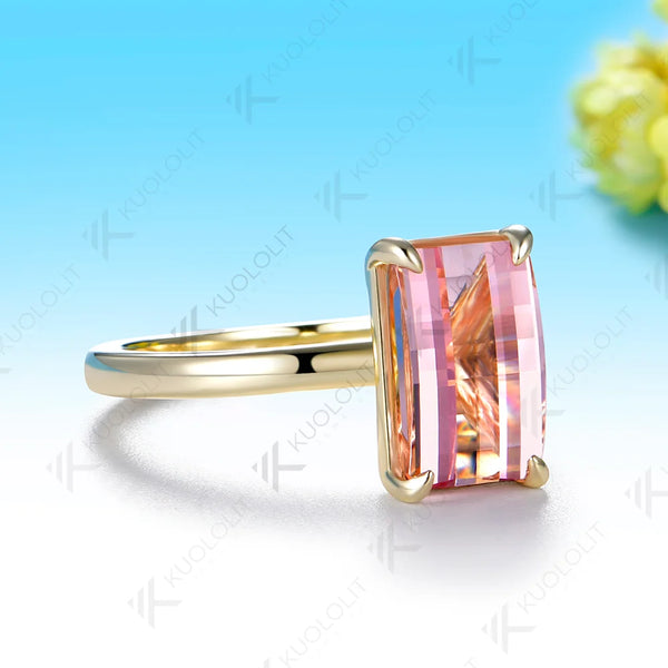 Kuololit 4.5CT Lab Grown Pink Sapphire Grid Unique Cutting Custom Ring for Women Solid 14K 10K 585 Yellow Gold for Christmas