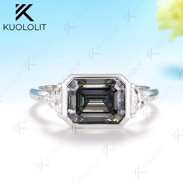 Kuololit 3CT Gray Blue Moissanite Ring for Women Solid14K10K 585 White Gold Emerald Cut Engagement Ring for Christmas Gift Party