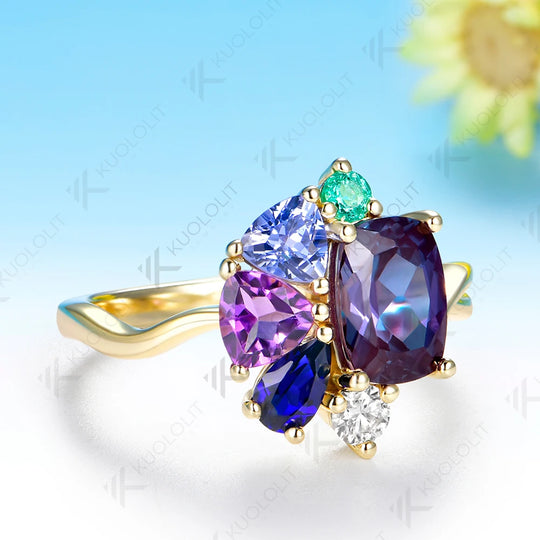 Kuololit Lab Grown Alexandrite Cushion Custom Ring for Women Solid 14K 10K 585 Yellow Gold Engagement Ring for Christmas Gift