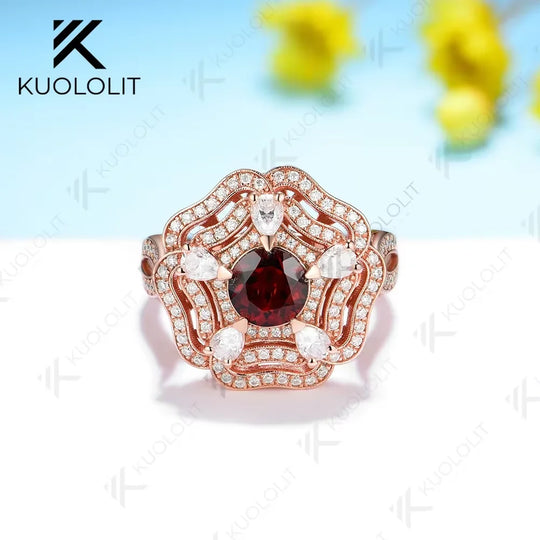Kuololit 1CT Natural Garnet Moissanite Rings and Pendant for Women Solid 14K 10K 585 Rose Gold for Engagement Wedding Christmas