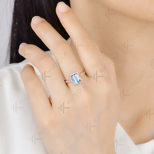 Kuololit 2CT Natural Aquamarine Lab Grown Diamonds Custom Ring for Women Solid 14K 10K 585 Yellow Gold for Christmas Gifts Party