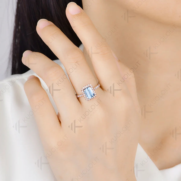 Kuololit 2CT Natural Aquamarine Lab Grown Diamonds Custom Ring for Women Solid 14K 10K 585 Yellow Gold for Christmas Gifts Party