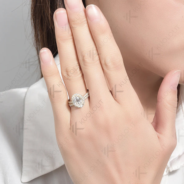Kuololit 3CT Oval Cut Moissanite Set Ring for Women Solid 18K 14K 10K 585 Yellow Gold Band for Engagement Wedding Christmas