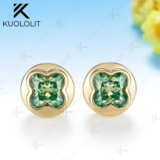 Kuololit 3CTW Four Leaf Clover Cut Unique Earrings for Women Solid 14K 10K 585 Yellow Gold Earring for Christmas Gifts Party New