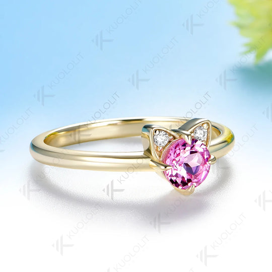 Kuololit 0.5CT Lab Pink Sapphire Diamonds Cat Custom Ring for Women Solid 14K 10K  Yellow Gold Ring for Anniversary Christmas