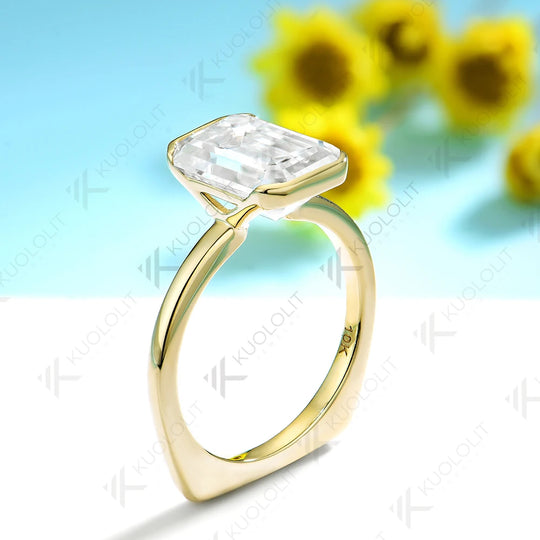 Kuololit 4.5CT Eemerald Cut Moissanite Europe Shank Ring for Women Solid 14K 10K Yellow Gold for Christmas Gift Party Engagement