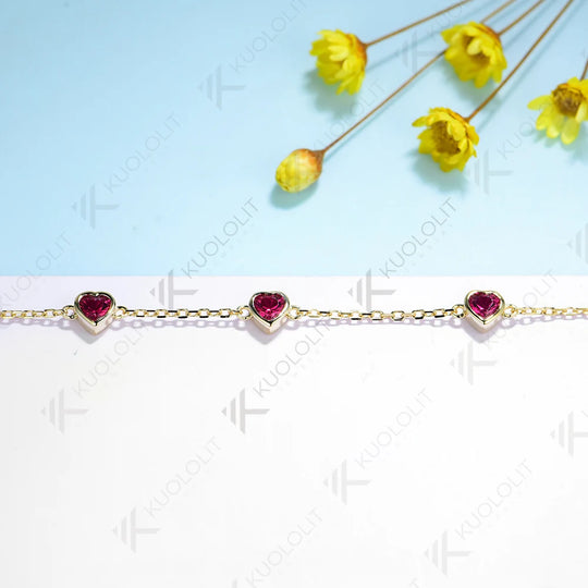 Kuololit 1.5CTW Lab Grown Ruby Bracelet for Women Solid 18K 14K 10K 585 Yellow Gold  Heart Cut Bracelet for Christmas Gifts