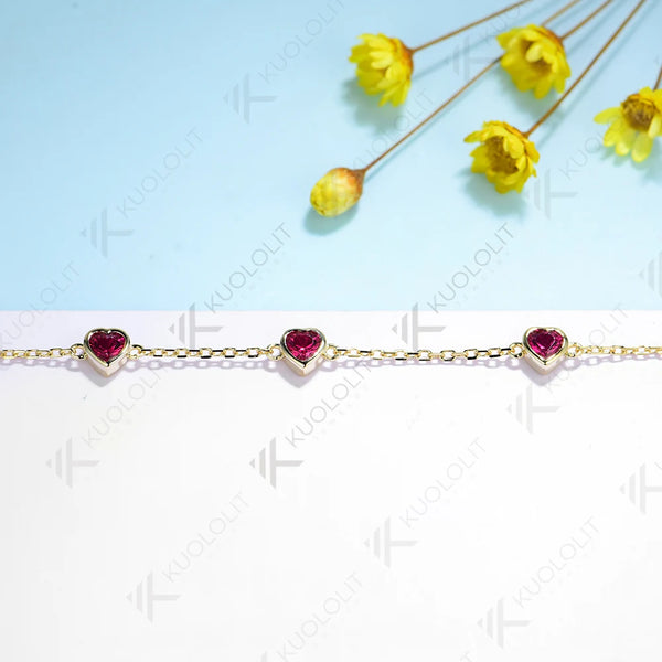 Kuololit 1.5CTW Lab Grown Ruby Bracelet for Women Solid 18K 14K 10K 585 Yellow Gold  Heart Cut Bracelet for Christmas Gifts