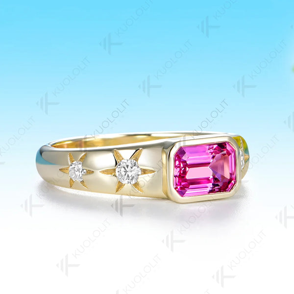 Kuololit 1CT Lab Grown Pink Sapphire Custom Ring for Women Solid 14K 10K 585 Yellow Gold Engagement Ring for Christmas Gifts