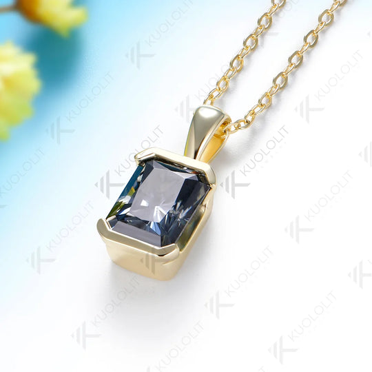 Kuololit 3CT Gray Moissanite Custom Necklace for Women Solid 585 14K 10K Yellow Gold Emerald cut Necklace for Christmas Party
