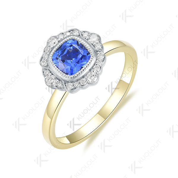 Kuololit 1CT Cushion Lab Blue Sapphire Ring for Women Solid 18K 14K 10K 585 Yellow Gold Moissanite Engagement Ring for Christmas