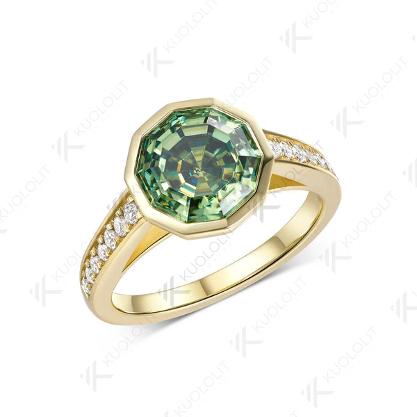 Kuololit 3.5CT Cyan Moissanite Decagon Cut Custom Ring for Women Solid 14K 10K 585 Yellow Gold for Christmas Gifts Party