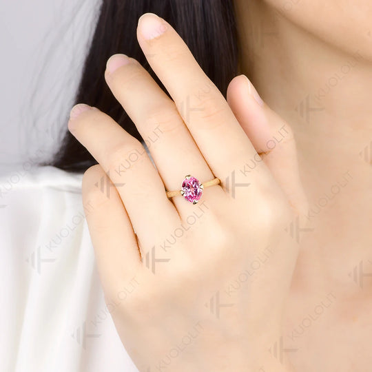 Kuololit 2CT Lab Grown Pink Sapphire Custom Ring for Women Solid 14K 10K Yellow Gold Oval cut for Anniversary Christmas Gift