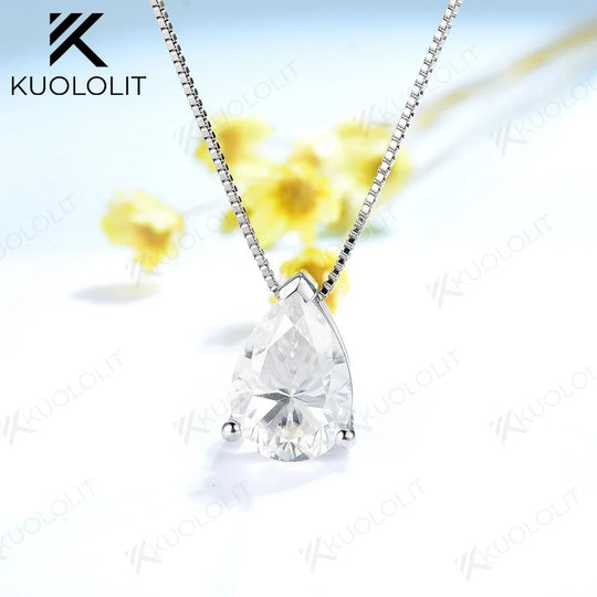 Kuololit 2CT Pear Cut Moissanite Necklaces for Women Solid 10K 14K 18K 925 Sliver Water Drop Pendant with Chain for Engagement