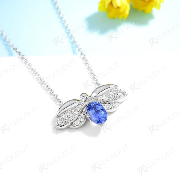 Kuololit 0.5CTW Lab Blue Sapphire Moissanite Bee Necklace for Women Solid 18K 14K 10K 585 White Gold Oval Pendant for Christmas