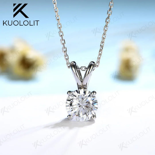 Kuololit 3CT Round Moissanite Necklaces for Women Solid 10K 14K 18K 925 Sliver 1CT 2CT Ear Pendant with Chain for Engagement New