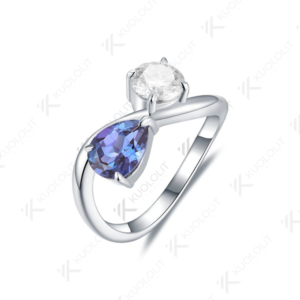 Kuololit 2CTW Lab Grown Alexandrite Moissanite Ring for Women Pure 18K 14K 10K Gold Pear Round Ring for Anniversary Engagement