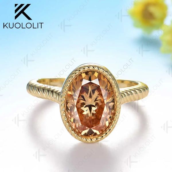 Kuololit 3.5CT Champagne Moissanite Ring for Women Soild 10K 14K Yellow Gold Bezel Set Oval Ring  for Engagement Christmas Gifts