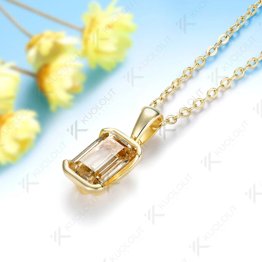 Kuololit 2.5CT Champagne Moissanite Necklace for Women Solid 14K 10K Yellow Gold Emerald Cut Necklace for Engagement Christmas