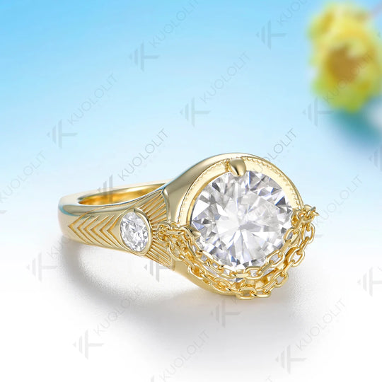 Kuololit 4CT Moissanite Custom Ring for Women Solid 14K 10K 585 Yellow Gold Engagement Chains Ring for Christmas Gift Party