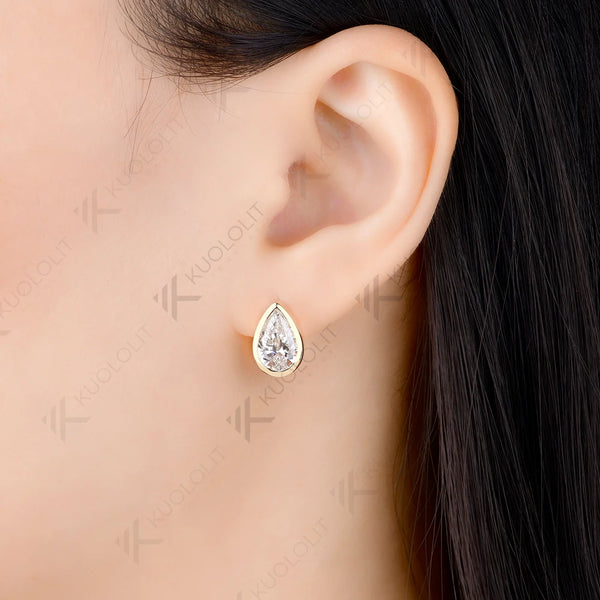 Kuololit 4CTW Moissanite Hoop Earrings for Women Solid 14K 10K 585 Yellow Gold Pear Clip Earring for Christmas Gifts Classic