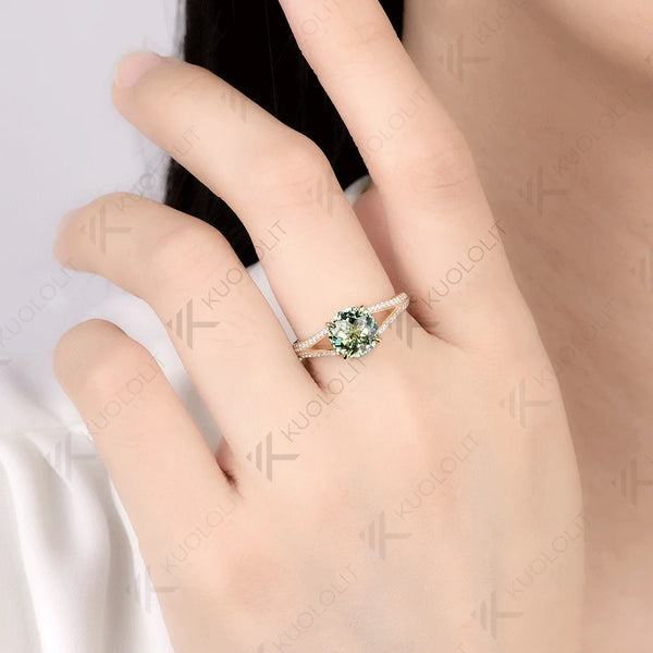 Kuololit 2CT Jubilee Cut Cyan Round Moissanite Ring for Women Solid 14K 10K 925 Sliver Yellow Gold Engagement Ring for Christmas