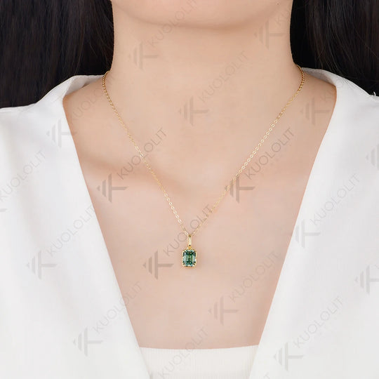 Kuololit 3CT Emerald Cut Cyan Moissanite Necklace for Women Solid 585 14K 10K Yellow Gold  Necklace for Christmas Gifts Party