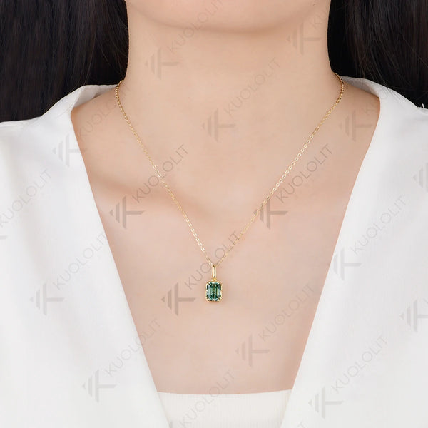 Kuololit 3CT Emerald Cut Cyan Moissanite Necklace for Women Solid 585 14K 10K Yellow Gold  Necklace for Christmas Gifts Party