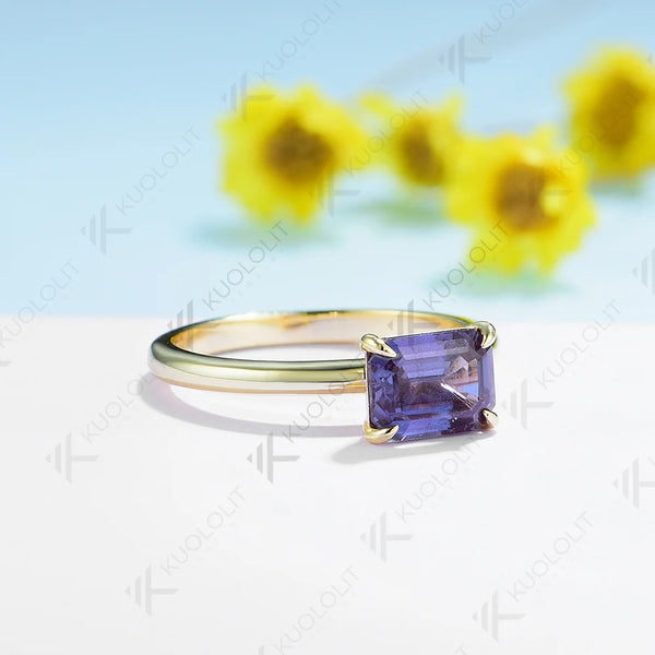 Kuololit 2CT Emerald Cut Lab Grown Alexandrite Gemstone Rings for Women Men Solid 18K14K10K YellowGold for Party Christmas Gifts