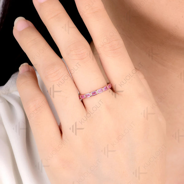 Kuololit 2.4CTW Lab Grown Pink Sapphire Ring for Women Solid 14K 10K 585 Rose Gold Bezel Wedding Band Ring for Christmas Gifts