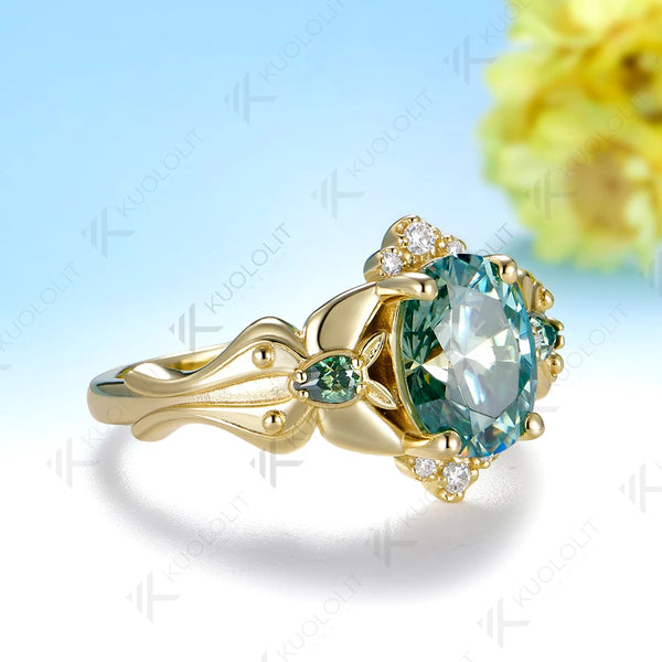 Kuololit 2CT Cyan Oval Moissanite Custom Ring for Women Solid 14K 10K  Yellow Gold Ring for Anniversary Christmas Gift