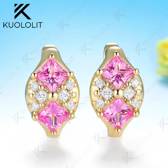Kuololit 3.2CTW Lab Pink Sapphire Princess Cut Moissanite Custom Stud Earrings for Women Solid 14K 10K Yellow Gold for Christmas