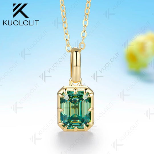 Kuololit 3CT Emerald Cut Cyan Moissanite Necklace for Women Solid 585 14K 10K Yellow Gold  Necklace for Christmas Gifts Party