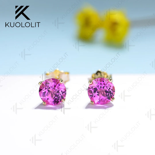 Kuololit 2.2CTW Lab Grown Padparadscha Gemstone Earrings for Women Pure 18K 14K 10K Gold Stub Trillyon Earrings for Anniversary