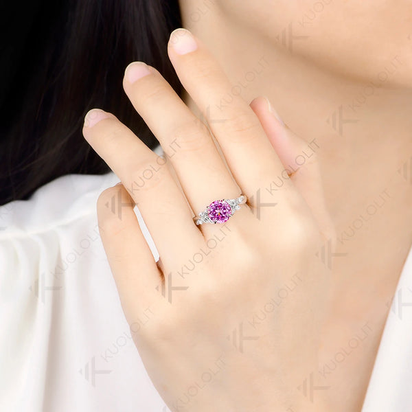Kuololit 2CT Lab Grown Pink Sapphire Moissanite Ring for Women Solid 14K 10K 585 White Gold Ring for Engagement Christmas Gifts