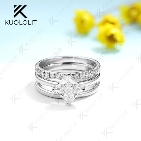 Kuololit 1.0CT Princess Moissanite Engagement Ring for Women Solid 18K 14K 10K 585 White Gold 2 Bands Ring for Christmas Gifts