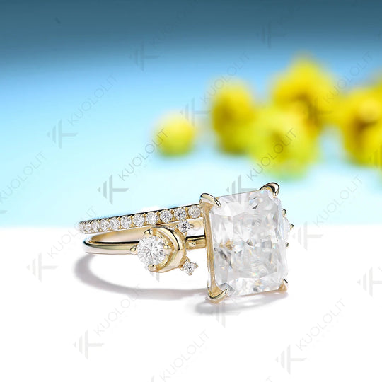 Kuololit 4CT Moissanite Set Rings for Women Solid 14K 10K 585 Yellow Gold Radiant Band Rings for Engagement Wedding Christmas