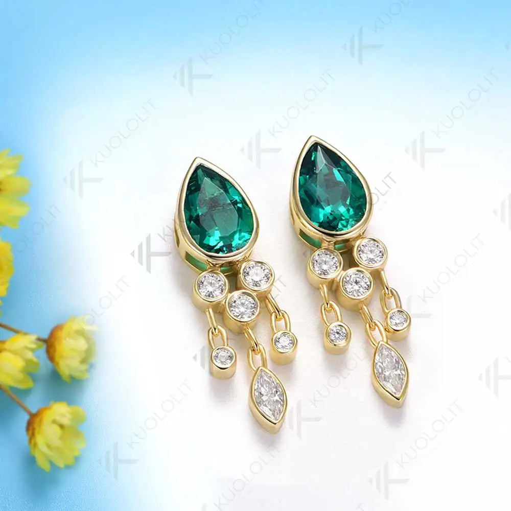 Kuololit 3CTW Lab Grown Emerald with Moissanite Stud Earrings for Women Solid 14K 10K 585 Gold Jellyfish Earrings for Christmas