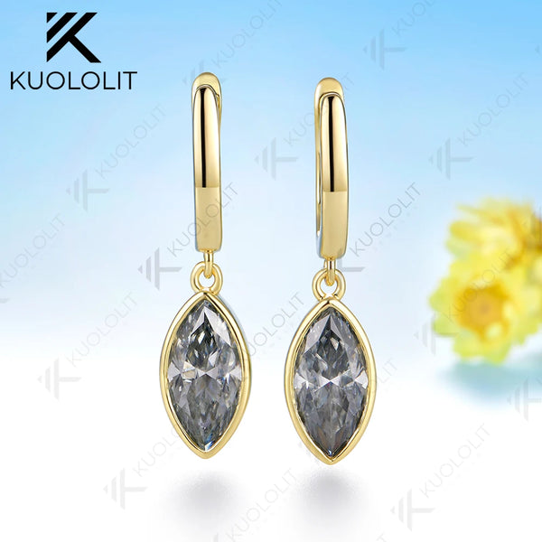 Kuololit 4CTW Grey Moissanite Marquise Cut  Earrings for Women Solid 14K 10K 585 Yellow Gold  Clip Earring for Christmas Gifts