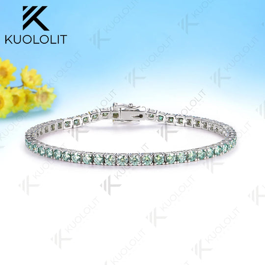 Kuololit Champagne Cyan Moissanite Round 3.0MM Tennis Bracelet for Women Men 14K 10K 585 White Gold Tennis Bracelet for Engagement Christmas