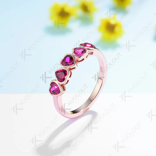 Kuololit 2.3CTW Lab Grown Ruby Heart Cut Band Ring for Women Solid10K 14K 18K Rose Gold Gemstone Ring for Wedding Christmas Gift