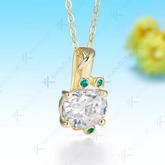 Kuololit 3CT Oval Moissanite Lab Emerald Custom Necklace for Women Solid 585 14K 10K Yellow Gold Necklace for Christmas Gifts
