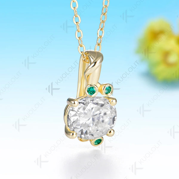 Kuololit 3CT Oval Moissanite Lab Emerald Custom Necklace for Women Solid 585 14K 10K Yellow Gold Necklace for Christmas Gifts