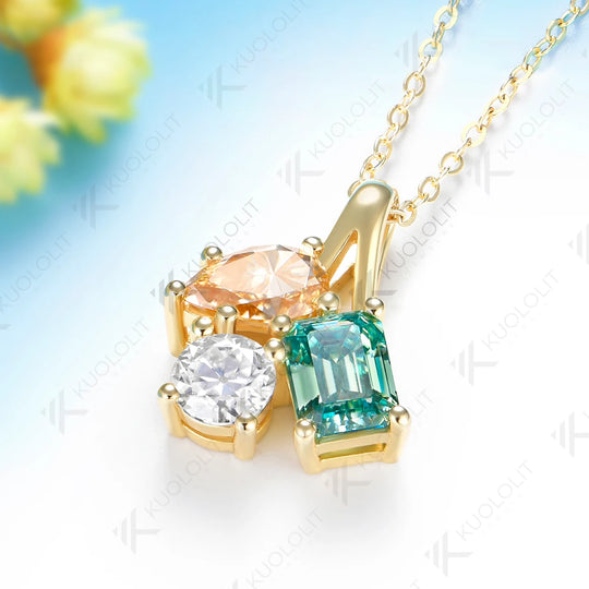 Kuololit 4.3CT Champagne Cyan White Moissantie Custom Necklace for Women Solid 14K 10K 585 Yellow Gold for Christmas Gifts Party