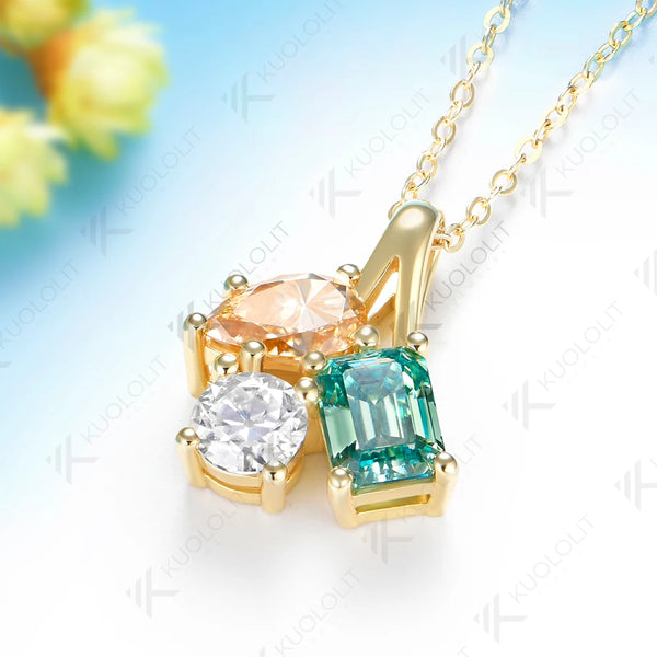 Kuololit 4.3CT Champagne Cyan White Moissantie Custom Necklace for Women Solid 14K 10K 585 Yellow Gold for Christmas Gifts Party