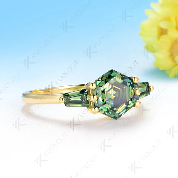 Kuololit 2CT Hexagon Cyan Moissanite Ring for Women Solid 585 10K 14K Yellow Gold for Wedding Engagement Anniversary Christmas