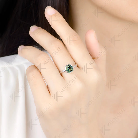 Kuololit 1.5CT Cyan Moissanite Hexagon Ring for Women Solid 14K 10K585 Yellow Gold Engagement Ring for Christmas Gift Party